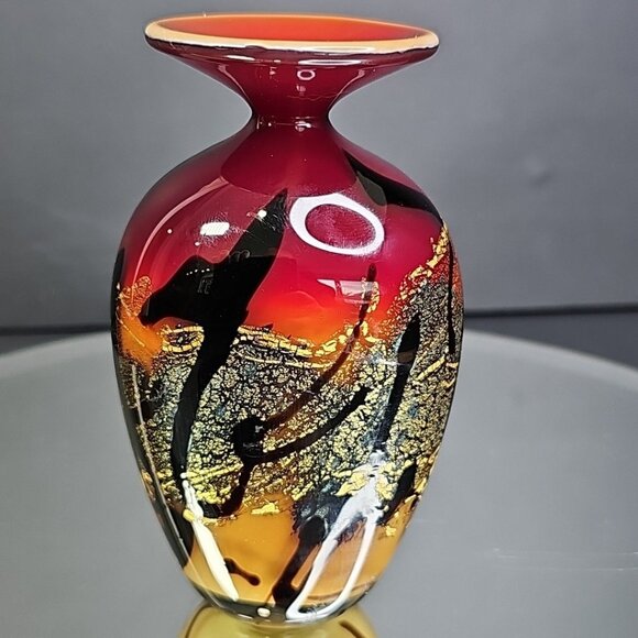 Nourot Signed Studio Glass Incense Vase Jar 4.5” Tall Red Gold Black USA - Picture 1 of 10